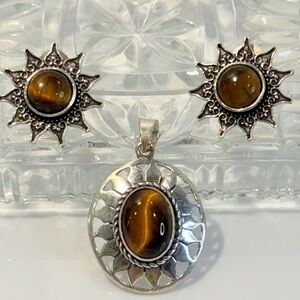 🆕 Natural Set Of 2 Tiger Eye Gemstone Pendant And Earrings in Sterling Silver